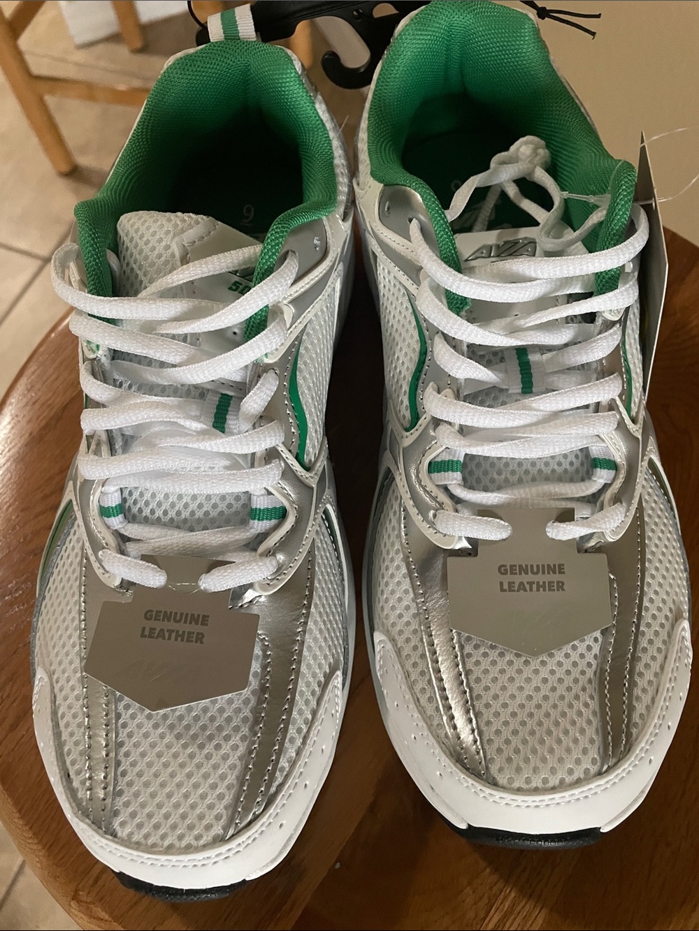 White and Green Athletic Sneakers - Genuine Leather
